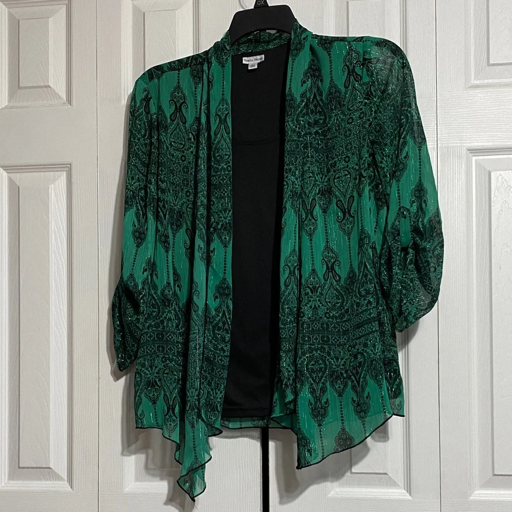 Rebecca Malone green & black festive blouse size LARGE - Picture 1 of 13
